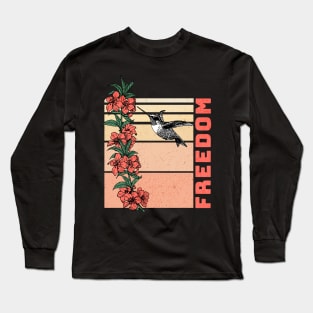 Humming Bird with Flowers Retro Sunset (Red) Long Sleeve T-Shirt